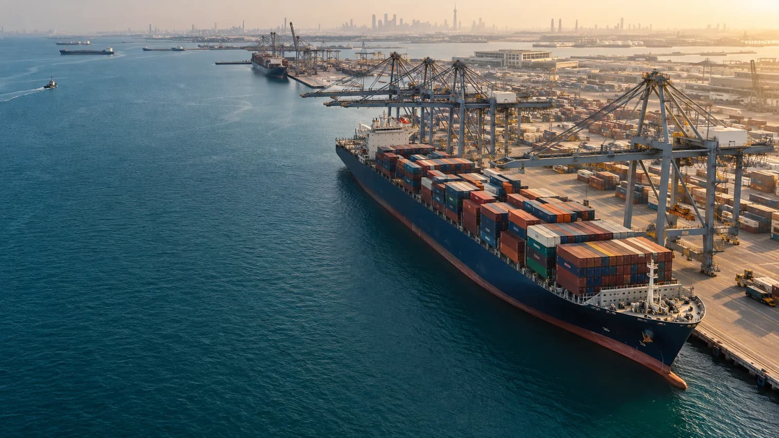 Illustrative Arabian Gulf container port and cargo vessel
