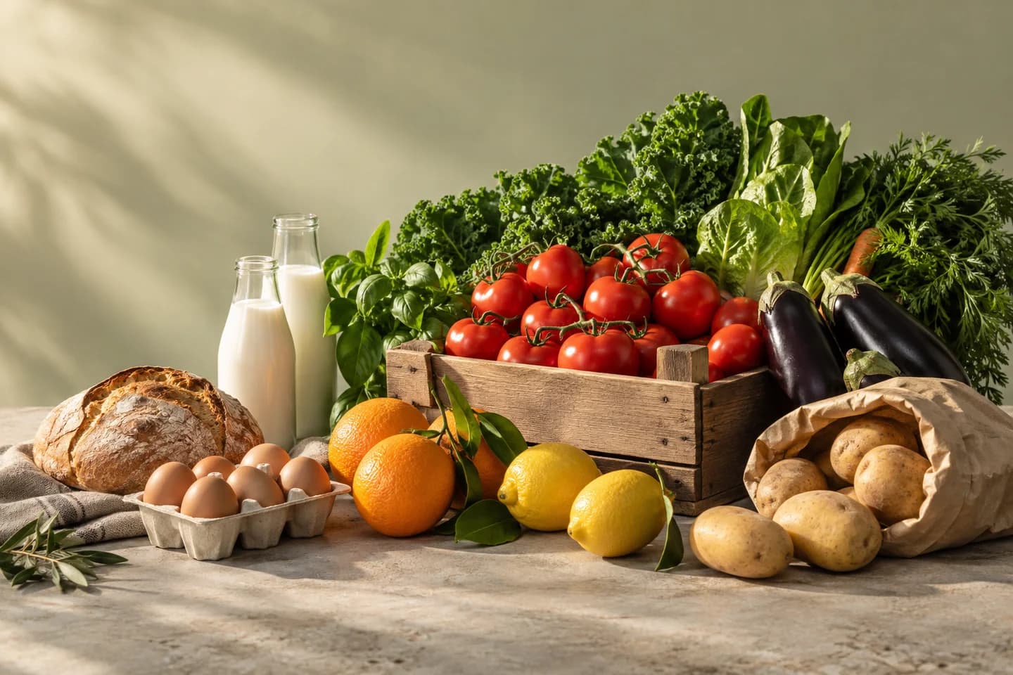 Illustrative assortment of fresh produce, dairy, eggs and bread